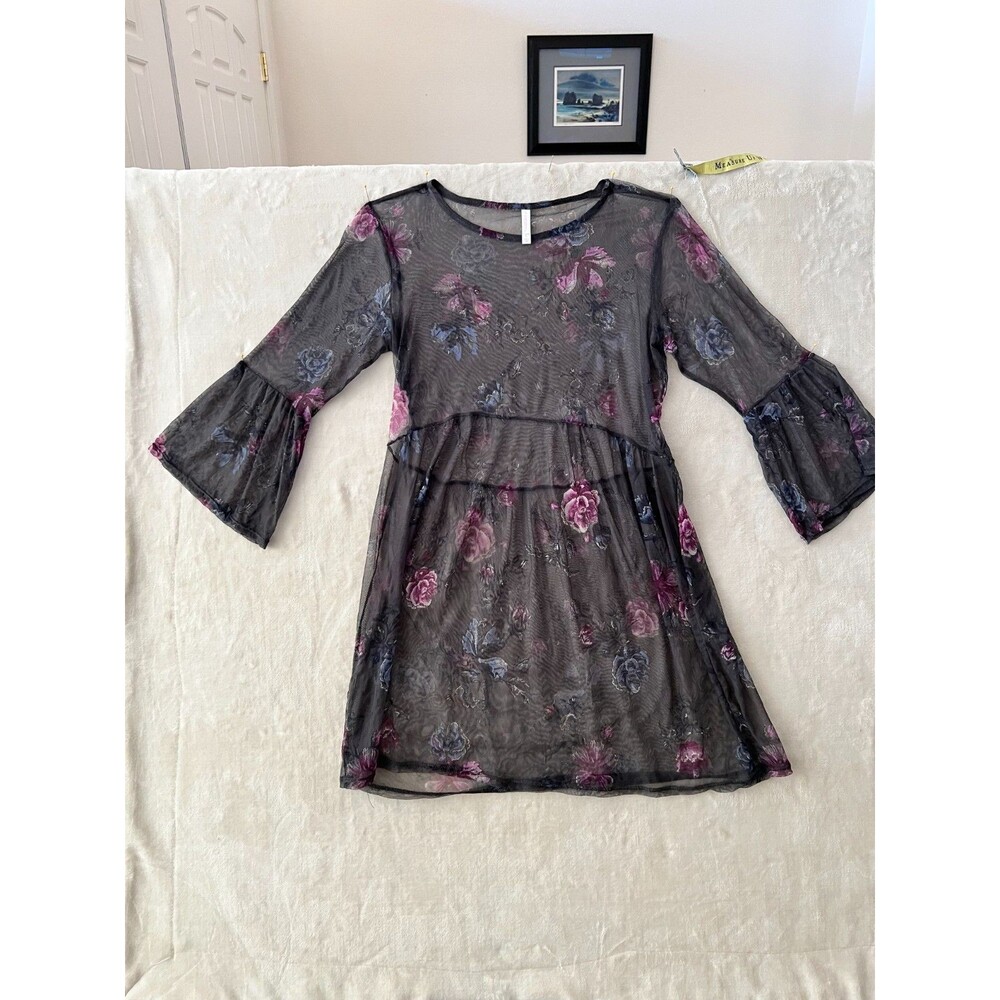 Xhiliration Sheer Mesh Lace Mini Dress Flounce Sleeves, Fairy WhimsiGoth, Size L